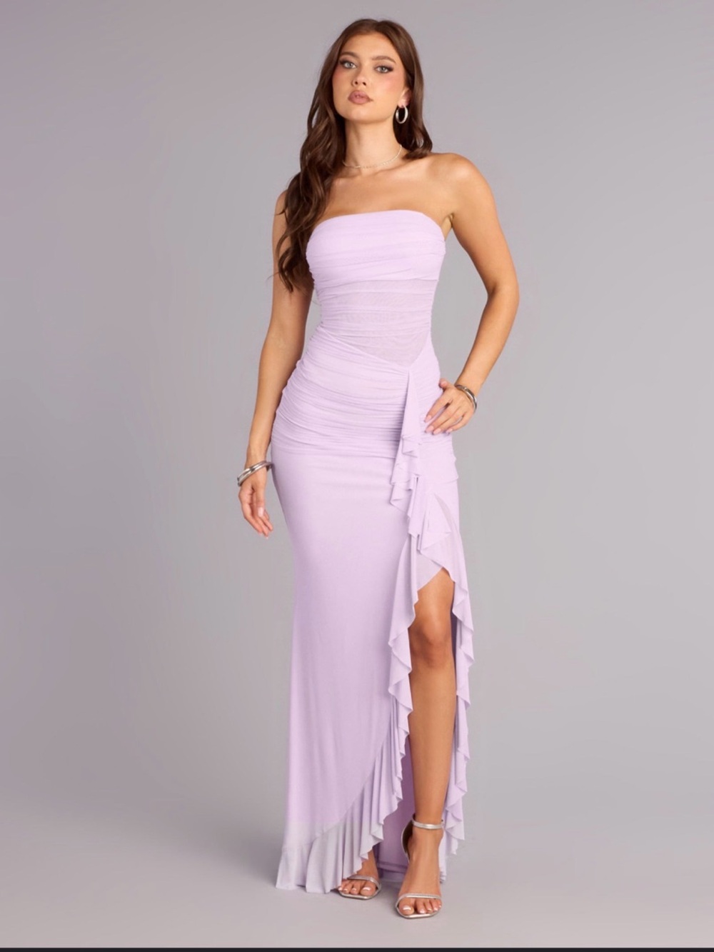 Windsor Strapless Lavender Ruffle-Slit Gown
